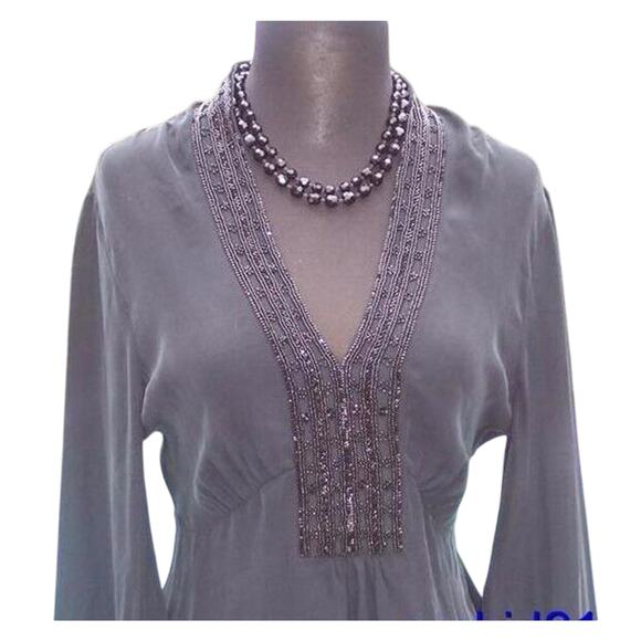 Cache Luxe Black Silk Beaded Top Peasant Empire Tulip Sleeve Plunging V NWT $158